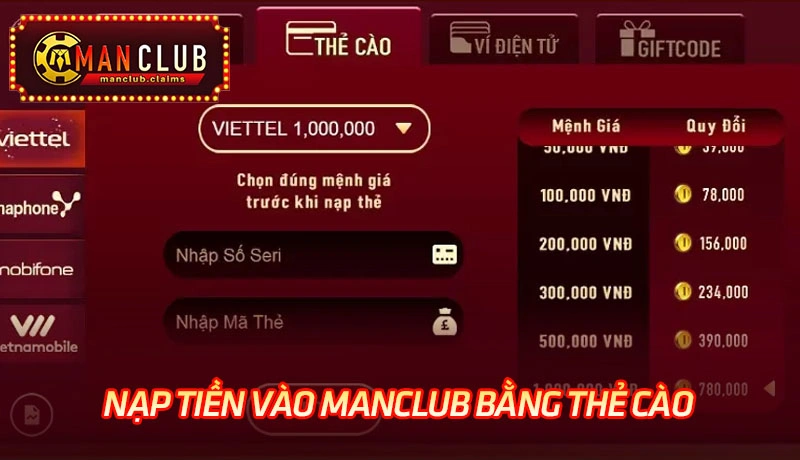 Cách nạp tiền vào Manclub bằng thẻ cào